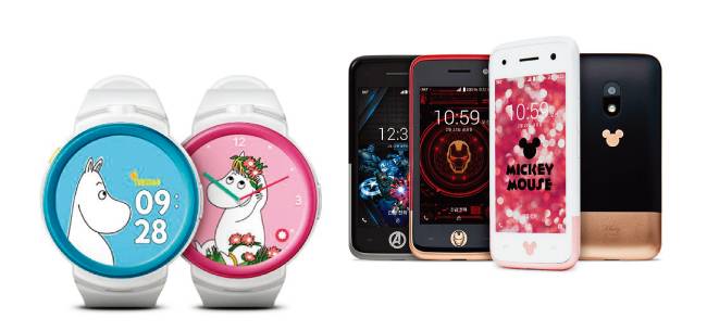 키즈폰은 스피커로 대화를 나눌 수 있는 손목시계형과 일반 스마트폰을 아이들 손 크기에 맞춘 미니폰형 두 종류로 나뉜다. 사진은 KT 무민키즈폰(왼쪽)과 SK텔레콤 제품들. [KT 홈페이지 캡처,  tworld 홈페이지 캡처]