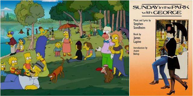미국 유명 애니메이션 ‘심슨 가족’의 등장 인물로 ‘그랑 자트 섬의 일요일 오후’를 패러디한 그림(왼쪽 사진). 1984년 브로드웨이에서 초연된 명작 뮤지컬 ‘조지와 함께 한 일요일 공원’(오른쪽 사진ㆍ포스터) 역시 ‘그랑 자트…’를 모티프로 했다.