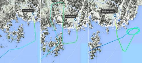 김해공항 착륙 비행기 경로 아침 시간 '구불구불' 경로(왼쪽 두 번째)나 '빙글빙글' 선회비행이 잦다. [플라이트 레이더24 캡처]