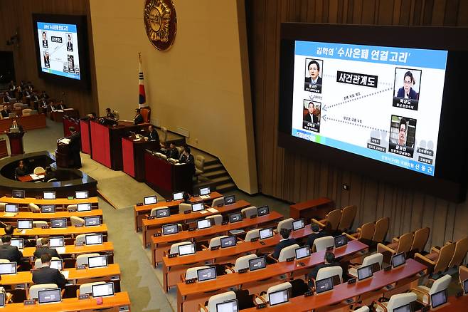 신동근 더불어민주당 의원이 지난 22일 오후 국회 본회의장에서 열린 교육·사회·문화 분야 대정부질문에서 대형 화면에 김학의 전 법무부 차관의 ‘별장 성접대’ 의혹 사건 `사건관계도'를 띄우고 박상기 법무부 장관에게 질의를 하고 있다.강창광 기자 chang@hani.co.kr