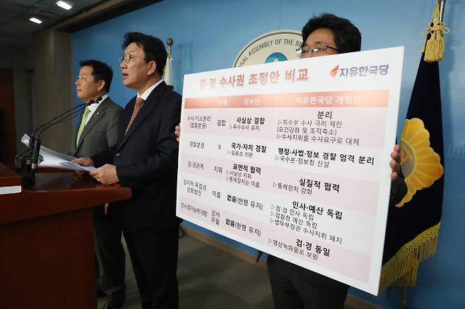 자유한국당 사법개혁특별위원회 권성동 위원장(가운데)이 26일 국회 정론관에서 한국당의 검경 수사권 조정안 내용을 발표하고 있다. 연합뉴스