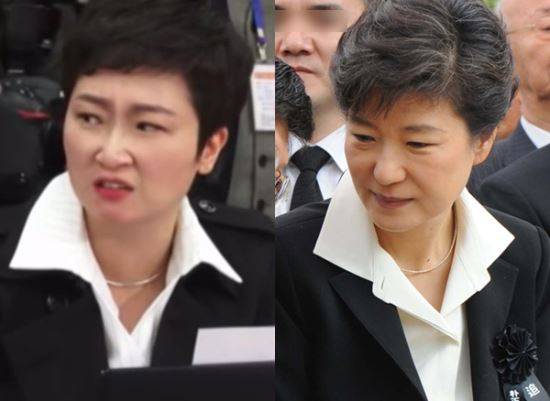 이언주 바른미래당 의원(왼쪽)이 27일 국회 인사청문회에서 입은 옷차림이 박근혜 전 대통령을 연상시킨다는 논란이 일었다. 이 의원은 “꿈보다 해몽”이라며 절대 의도한 일이 아니라고 설명했다. 팩트TV 캡처 및 국민일보DB