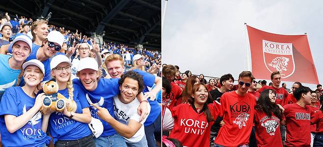 외국인 유학생들은 다니는 대학의 문화에 푹 빠져 강한 소속감을 보이기도 한다. 사진은 두 대학 간 친선 경기대회에서 응원전에 적극 참여하고 있는 연세대(왼쪽)와 고려대 유학생들의 모습. 고려대, 연세대 제공