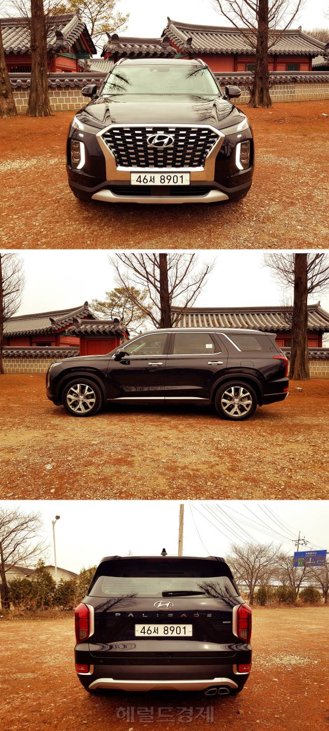 팰리세이드의 전장은 4980mm, 전폭은 1975mm다. 특히 축거를 2900mm로 늘려 1~3열 거주성과 적재공간을 확보했다. 외관은 현대차의 거함답게 웅장하고 간결한 라인으로 완성한 것이 특징이다. [정찬수 기자/andy@]