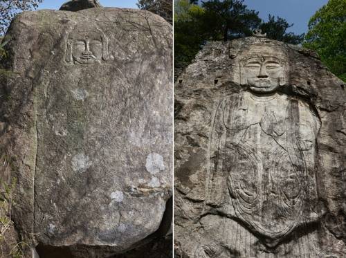 고성 마애약사불좌상(왼쪽)과 제천 마애여래입상 [국립가야문화재연구소 제공]