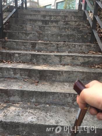 노인생애체험센터에서 올라오는 계단. 이건 다 올라왔을 때 찍은 것이고, 이 정도 되는 계단 구간이 여섯번 정도 더 있었다. 사진엔 안 찍혔지만, 엄청 헉헉 거리며 쉬고 있었다. 마치 등산하는 기분이랄까./사진=남형도 기자