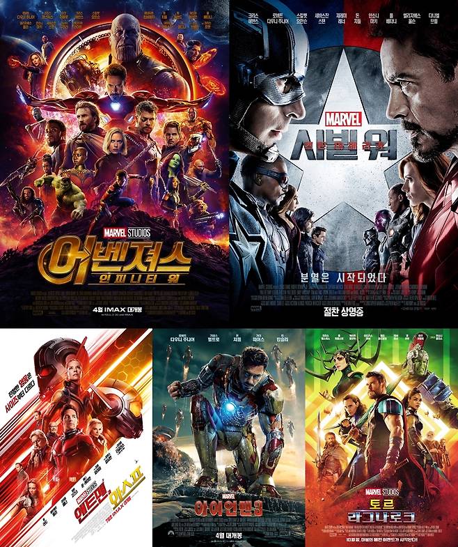 ▲ 사진 왼쪽 위부터 시계방향으로 '어벤져스:인피니티 워', '캡틴 아메리카:시빌 워', '토르:라그나로크', '아이언맨3', '앤트맨과 와스프' 포스터
