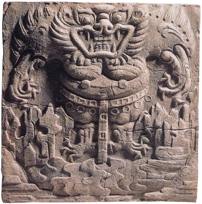 충남 부여 규암면 외리에서 출토된 무늬벽돌 위에 새겨진 도깨비 부조. [국립부여박물관 제공]