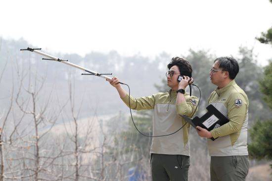 경북 영주 소백산 자락에서 종복원기술원 연구원들이 위치추적 장치를 이용해 방사된 여우의 모니터링 작업을 하고 있다.