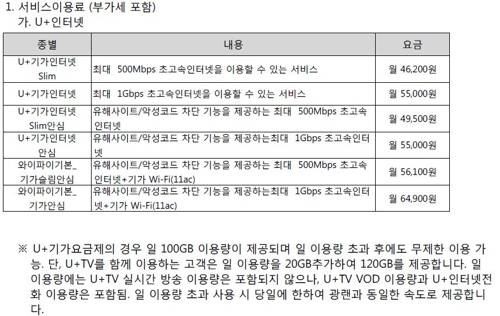 LG유플러스 기가인터넷 요금제 [LG유플러스 약관 캡처]