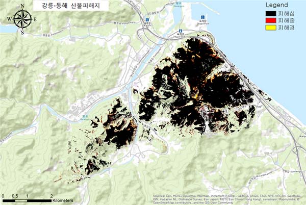강원 산불 당시 피해지 위성 자료.(출처=산림청 국립산림과학원)