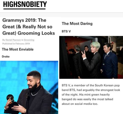 글로벌 톱 패션 매거진 ‘하이스노바이어티’에서 그래미의 가장 강력한 외모로 선정된 방탄소년단 뷔