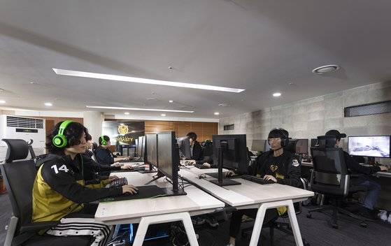 젠지 서울HQ 지하 1층 오버워치팀 연습실에서 '서울 다이너스티' 선수들이 훈련을 하고 있다. [사진 젠지]