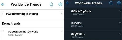 전 세계 실시간 트렌딩 ‘#GoodMorningTaehyung’과 ‘#Taehyung’