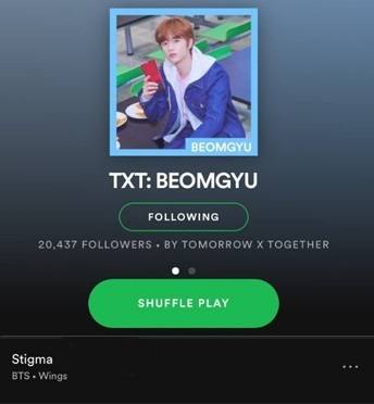 TXT 멤버범규의 스포티파이 플레이 리스트 중 뷔의 솔로곡 ‘스티그마’