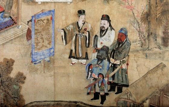 제갈량이 유비, 관우, 장비에게 '찬하삼분지계'를 설명하는 상황을 나타낸 그림 [중앙포토]