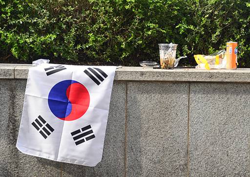 지난 27일 자유한국당 주최 집회가 열린 세종문화회관 인근 화단에는 집회에 사용된 태극기가 버려져 있었다.