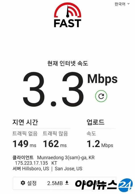 버스 안에서 '패스트닷컴'을 통해 와이파이 속도를 측정했다. 3Mbps 다운로드 속도는 유튜브와 넷플릭스를 보기에 무리 없는 수준이었다.