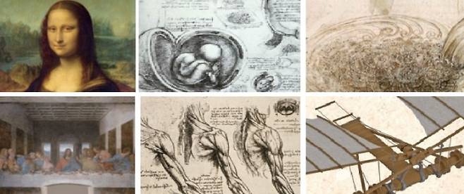 (상단 왼쪽부터) 레오나르도 다빈치의 다양한 면모를 보여주는 모나리자, 태아 상상 해부도, 유체역학 연구, 최후의 만찬, 팔근육 해부도, 비행기기 제작 자료. 수학동아 5월호 제공