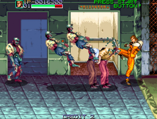 (주인공의 공격에 속절없이 무너져 내리는 좀비 적들. 이쯤되면 거의 시체 분쇄기 수준!)