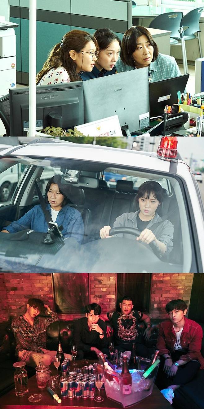 '걸캅스'에서 이성경은 수사 과정 중 과잉진압을 해 징계성 인사로 민원실에 온 상태다. 그래서 민원실 주무관 양장미(최수영 분), 박미영(라미란 분)과 함께 근무하게 된다. 아래는 극중 신종 마약을 이용해 디지털 성범죄를 저지르는 무리들. 왼쪽부터 필립 역의 주우재, 우준 역의 위하준, 용석 역의 강홍석, 찬영 역의 김도완 (사진=CJ엔터테인먼트 제공)
