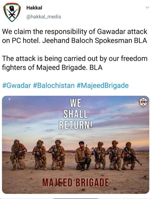 발루치스탄 해방군(BLA)이라고 주장하는 트위터 계정. 펄 콘티넨털 호텔 총격의 책임을 자처하고 있다. 현재 이 계정은 이용이 정지된 상태다. / 사진=트위터 캡쳐