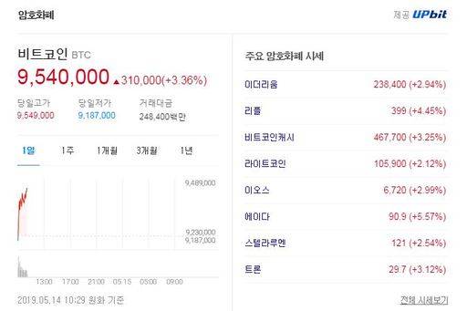 14일 오전 10시29분 기준 주요 암호화폐 거래 금액. 다음 포털 사이트 캡처