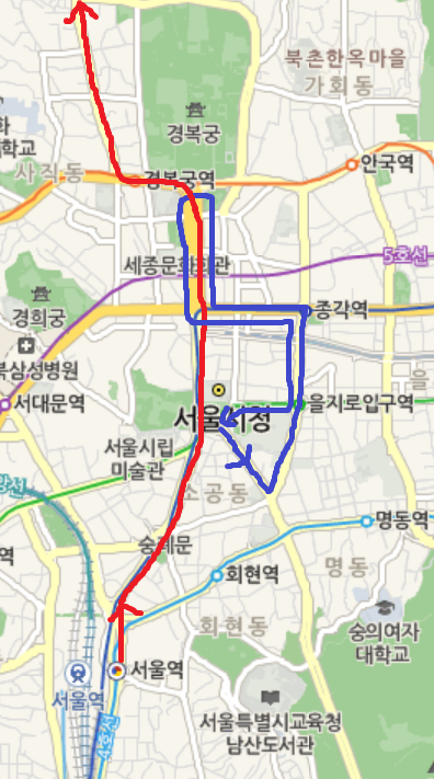 빨강 : 태극기 집회 참가자 행진 동선(서울역~숭례문~시청광장~세종대로 사거리~광화문~경복궁역~청운효자동주민센터)  파랑 : 퀴어 퍼레이드 행진 동선(서울광장~소공로~한국은행앞사거리~남대문로~을지로입구사거리~종각역사거리~세종대로사거리~광화문삼거리~세종대로사거리~종각역사거리 → 을지로입구사거리~시청삼거리~서울광장 )