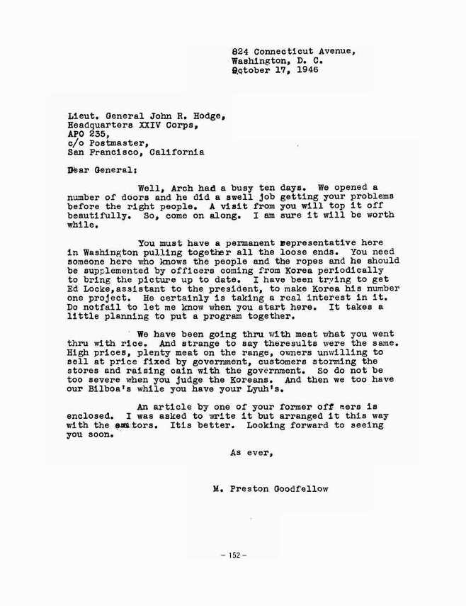하지 미군정사령관의 고문이었던 굿펠로가 하지에게 보낸 편지. 이 편지에서 굿펠로는 한국의 쌀값 폭등을 가벼운 문제로 여겼다. 정용욱 교수 제공