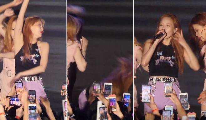 ▲ 현아가 30일 청주대학교 축제에서 '빨개요' 무대를 선보이던 중 넘어졌다. 출처ㅣ유튜브 화면 캡처