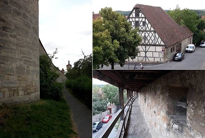 로텐부르크성(좌), 성벽에서 내려다본 성안 주택. 지붕의 경사가 아주 가파르다.(우상), 성벽 안쪽에 있는 통로(우하)