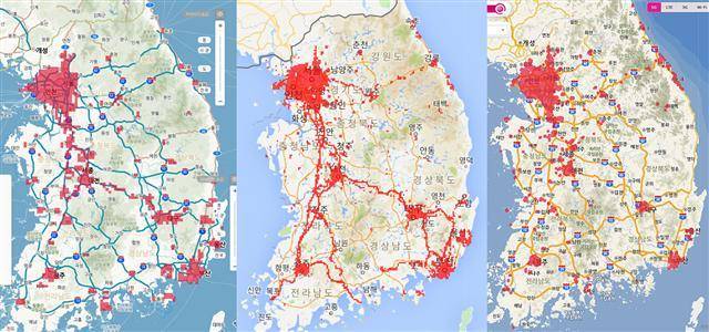 6월 3일 기준 우리나라 5G 커버리지 현황. 왼쪽부터 SK텔레콤, KT, LG유플러스. [각 사 홈페이지]