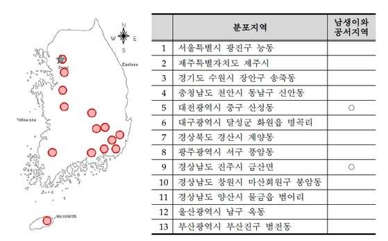 국내 중국줄무늬목거북 분포 지역. [자료 국립생태원]