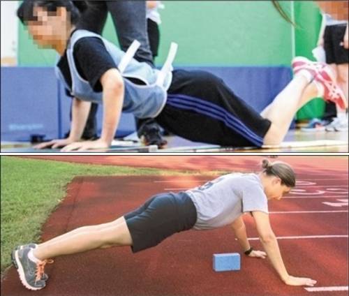 신임 경찰 채용 체력검정에서 한국 여성 지원자(왼쪽 사진)가 무릎을 대고 팔굽혀펴기를 하고 있는 반면 외국의 여성 지원자는 정자세로 동작하고 있다. 세계일보 자료사진