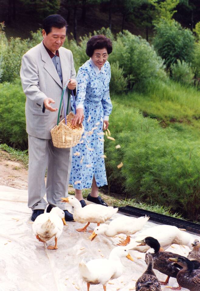 1999년 8월 김대중 대통령과 부인 이희호 여사가 청남대에서 오리밥을 주고 있다. [중앙포토]