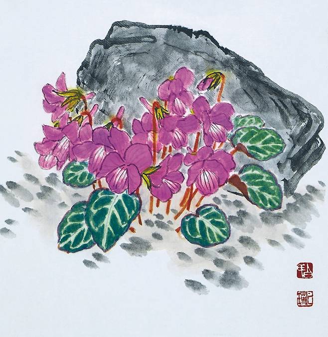 잎맥의 무늬가 뚜렷한 알록제비꽃. 제비꽃속 식물들에 비해서 잎 앞면에 얼룩무늬가 분명하고, 뒷면은 붉어 쉽게 구분된다. 줄기가 없고 잎은 여러 장이 모여 난다. 모양은 심원형으로 가장자리에 둔한 톱니가 있고 표면은 녹색이지만 잎맥을 따라 백색 무늬가 뚜렷하고 뒷면은 자주색이다. 몇 개의 꽃대가 잎다발 속에서 나와 끝에 꽃이 1개씩 달린다. 꽃은 진한 붉은 보라색이며 곁꽃잎에 털이 많다. 알록제비꽃, 23X22.5cm, 백설지에 수묵담채, 2019