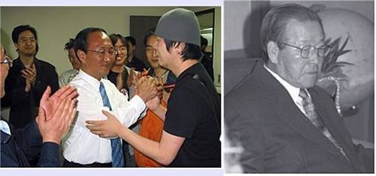 ▲ 2004년 4월 16일 당선 확정 직후의 노회찬(ⓒ 매일노동뉴스)  ▲ 2004년 4월 19일 정계은퇴 선언 직후의 김종필