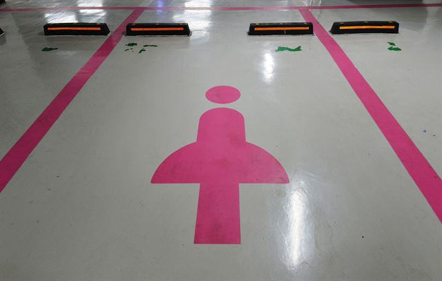 주차 구획선부터 치마 입은 여성까지 온통 분홍색이다. 서울시는 2009년 여성우선주차장을 도입하면서 ‘분홍색 실선과 여성 마크’를 조례로 규정했다. 지난해 6월 기준 서울시내에서 운영 중인 분홍색 여성우선주차구역은 총 4만 6,217개 면에 달한다. 사진은 서울 종로구 세종로 공영주차장에 설치된 여성우선주차구역.