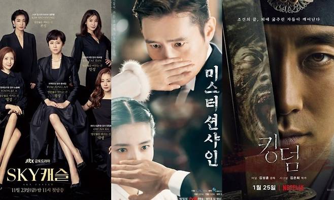▲ 2019년 시청자들의 주목을 받은 '스카이캐슬', '미스터 션샤인', '킹덤' 포스터. 제공| JTBC, tvN, 넷플릭스