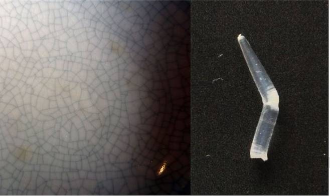 도자기 표면에 바른 유약에 금이 가 그물망처럼 보이는 현상을 크레이징이라고 부른다(왼쪽). 투명한 플라스틱을 굽히거나 잡아당기면 깨지기 직전 하얗게 변하는 현상도 크레이징이라고 부른다(오른쪽). 이 부분을 현미경으로 보면 플라스틱에 미세한 금이 가 있다. 위키피디아/강석기 제공