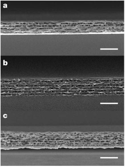 보강간섭되는 빛의 파장을 결정하는 미세구조의 크기는 정상파 빛의 파장이나 플라스틱의 종류, 용매의 종류 등을 달리해 조절할 수 있다. 즉 이론상으로는 모든 색을 낼 수 있다는 말이다. 플라스틱 종류에 따른 단면의 현미경 사진으로 위에서부터 폴리카보네이트, PMMA, 폴리술포넨이다. 네이처 제공