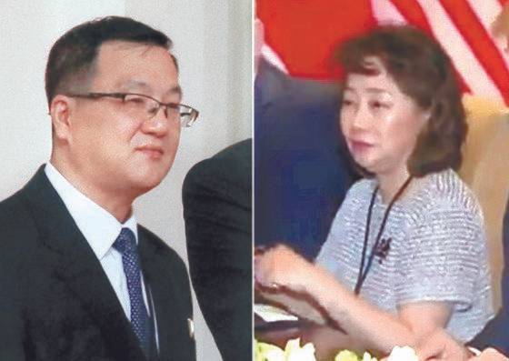 지난해 6월 싱가포르 북미 정상회담 당시 김정은 북한 국무위원장 통역을 맡은 김주성(왼쪽)과 도널드 트럼프 미국 대통령의 통역 이연향씨[사진=연합뉴스]