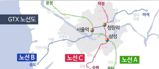 정부가 수도권 교통난 해소를 위해 GTX 건설 사업을 빠르게 추진한다. GTX 노선도.<연합뉴스>