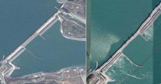 중국 싼샤댐의 초창기 구글어스 사진(왼쪽) 과 최근 네티즌들이 굴곡이 시작됐다고 밝힌 사진. [바이두 캡처]