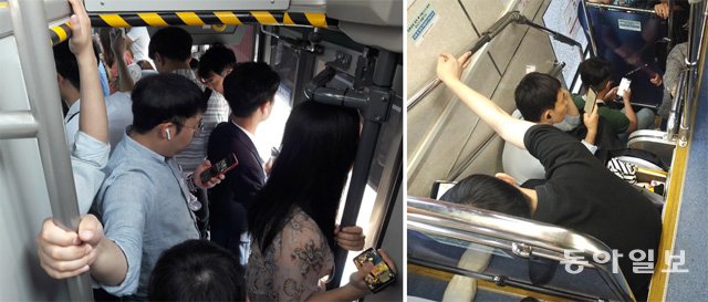 10일 오전 경기 용인시에서 서울 강남으로 가는 2층 버스 안에서 한 승객이 손잡이 대신 버스 차체에 손을 올려 몸을 지탱하고  있다(왼쪽). 전날 오후 서울시청 서소문청사 정류장을 출발해 경기 김포로 가는 2층 버스 내부가 입석 승객으로 붐비고 있다.(오른쪽). 김은지 기자 eunji@donga.com