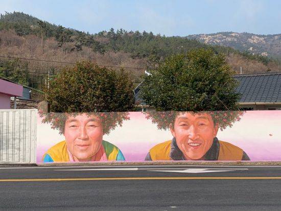 암태면 기동 삼거리에 활짝 핀 동백나무를 머리 삼아 할아버지 할머니의 환하게 웃고 있는 얼굴이 담벼락에 그려져 있다.
