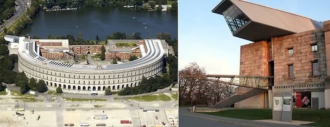 나치전당대회가 열렸던 루이폴드하인 지역의 '한 다스의 호수' 가에 있는 의사당에서는 나치전당대회가 열렸다(좌). 전후 의사당의 북쪽 일부에 역사박물관을 개설하여 국가사회주의에 대한 경종으로 삼고 있다(우). 사진=Wikipedia