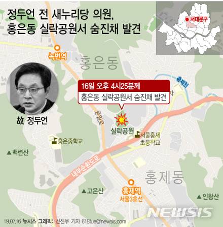 【서울=뉴시스】정두언 전 새누리당 의원이 16일 오후 4시25분께 서울 홍은동 실락공원 북한산 자락길에서 숨진채 발견됐다. (그래픽=전진우 기자) 618tue@newsis.com