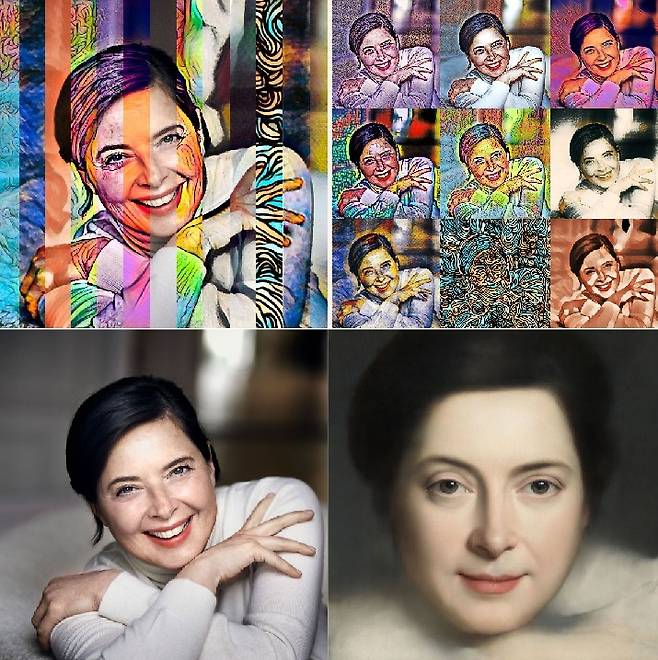 사진 위에 특정 스타일을 입히는 기존 방식(위)과 원본 사진(왼쪽 아래), 간 방식의 초상화(오른쪽 아래). aiportraits.com