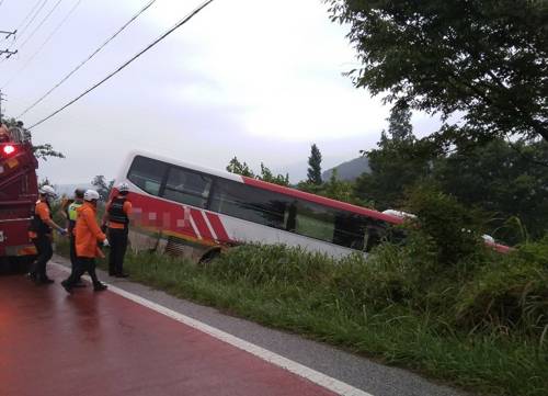 도로 이탈한 시외버스. [전북소방본부 제공]